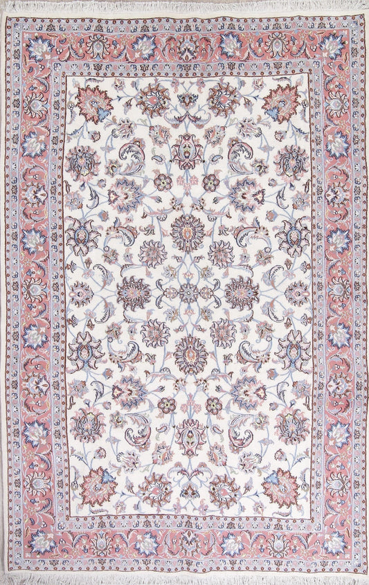 Wool/Silk Floral White Tabriz Persian Hand-Knotted 6x10 Area Rug