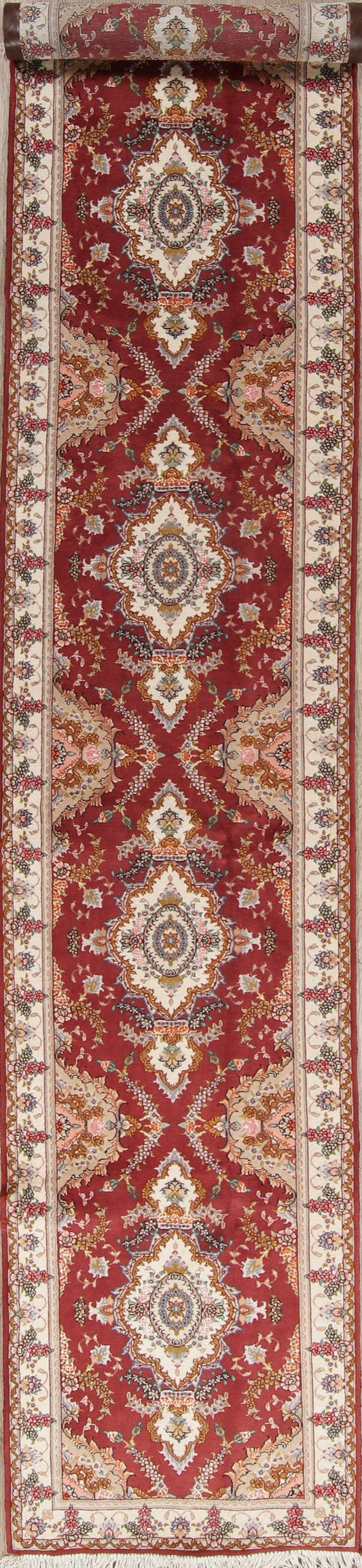 Fine Floral Tabriz Persian Hand-Knotted 3x16 Wool/Silk Runner Rug