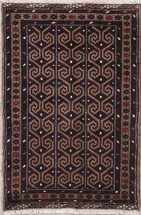 Brown Geometric Balouch Persian Hand-Knotted 3x4 Wool Rug