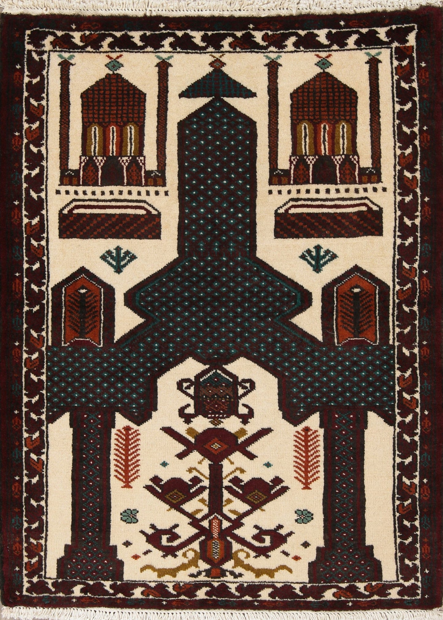 Geometric Balouch Persian Hand-Knotted 3x4 Prayer Rug