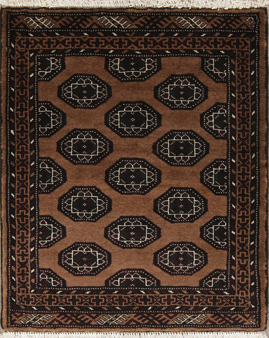 Brown Geometric Balouch Persian Hand-Knotted 3x3 Wool Square Rug