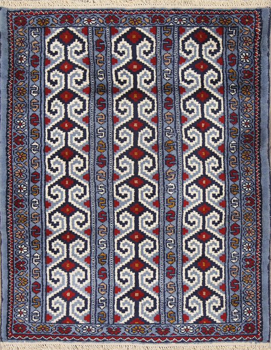 Geometric Blue Balouch Persian Hand-Knotted 3x4 Wool Rug