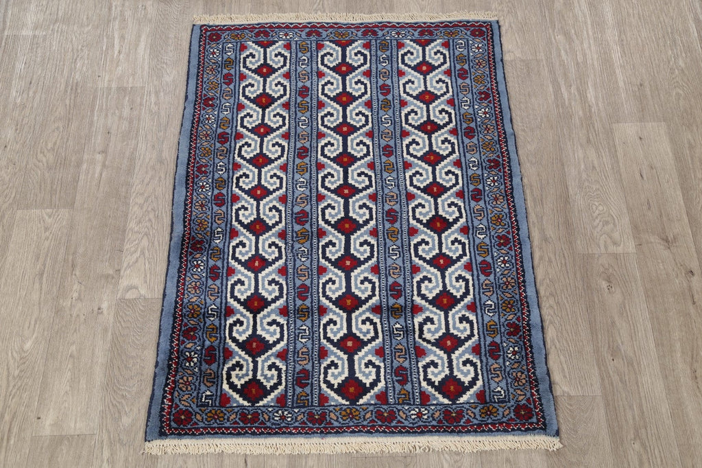 Geometric Blue Balouch Persian Hand-Knotted 3x4 Wool Rug