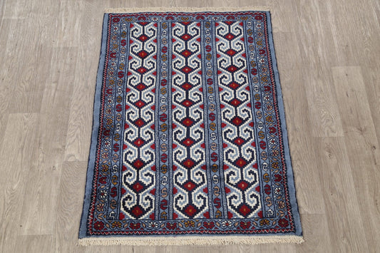 Geometric Blue Balouch Persian Hand-Knotted 3x4 Wool Rug