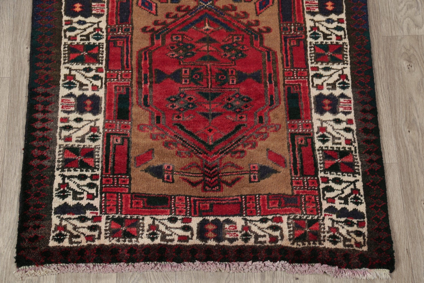 Geometric Red Meshkin Persian Hand-Knotted 3x5 Wool Rug