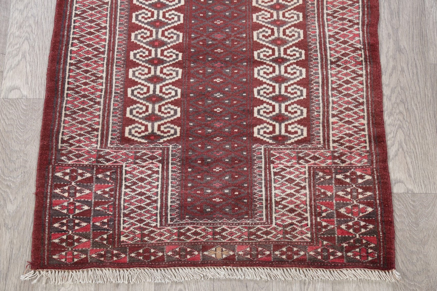 Red Geometric Balouch Persian Hand-Knotted 3x4 Wool Rug