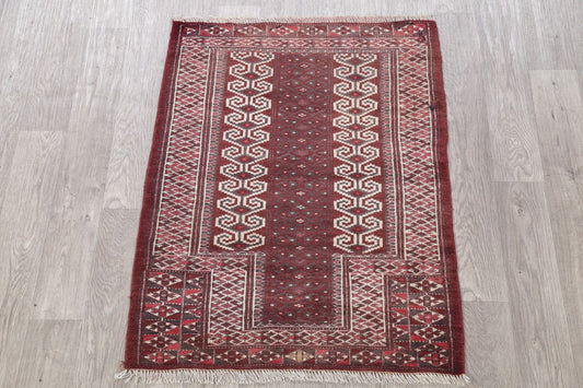 Red Geometric Balouch Persian Hand-Knotted 3x4 Wool Rug
