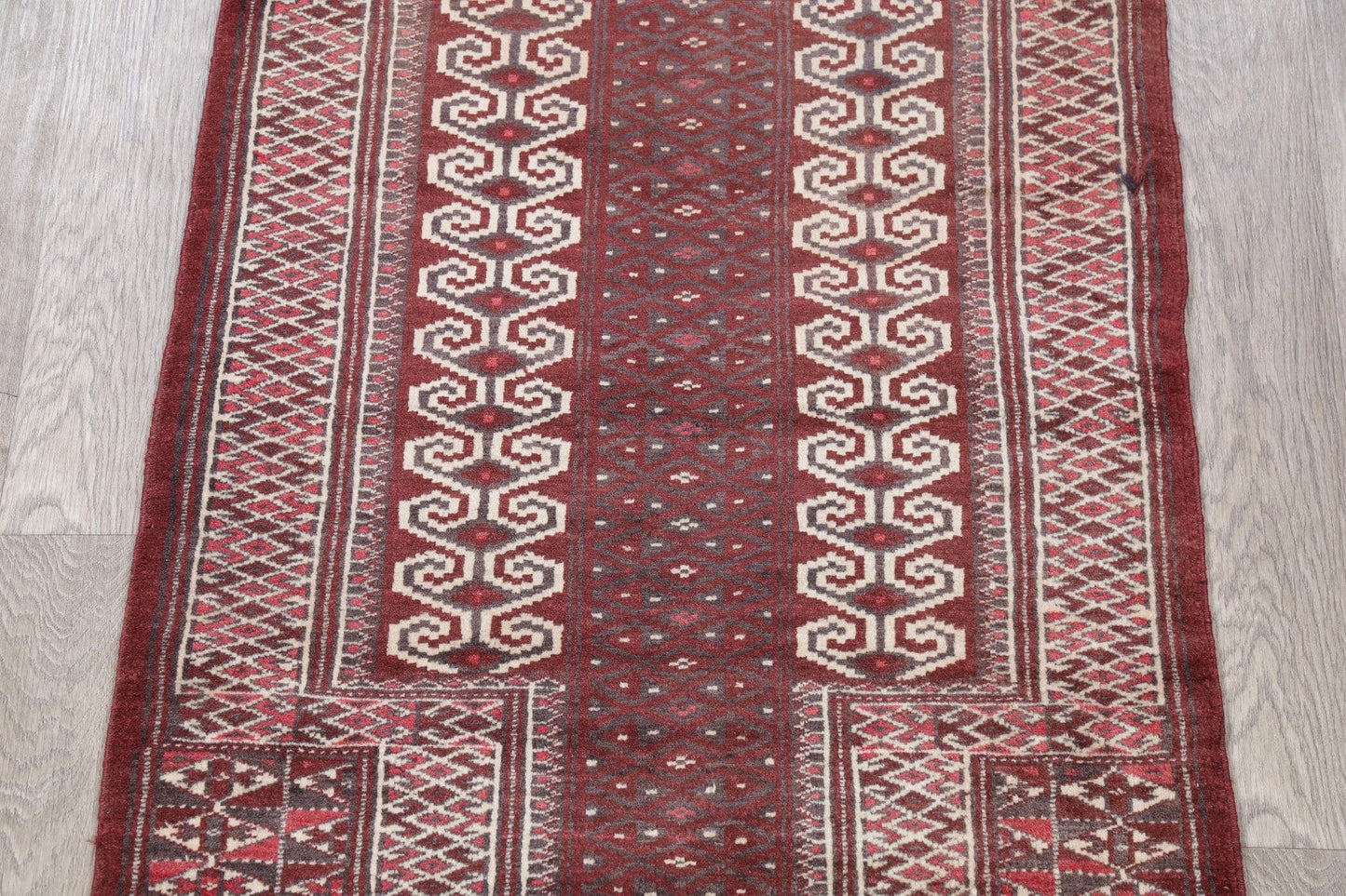 Red Geometric Balouch Persian Hand-Knotted 3x4 Wool Rug