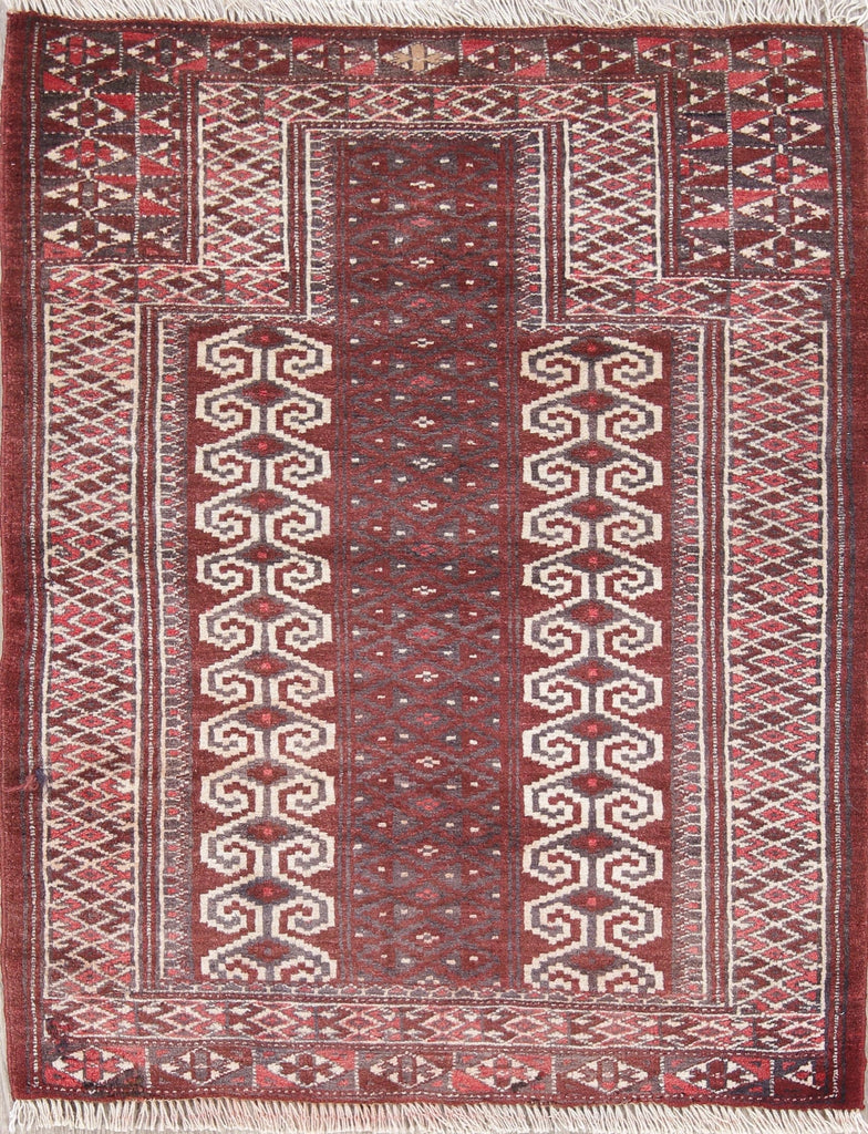 Red Geometric Balouch Persian Hand-Knotted 3x4 Wool Rug