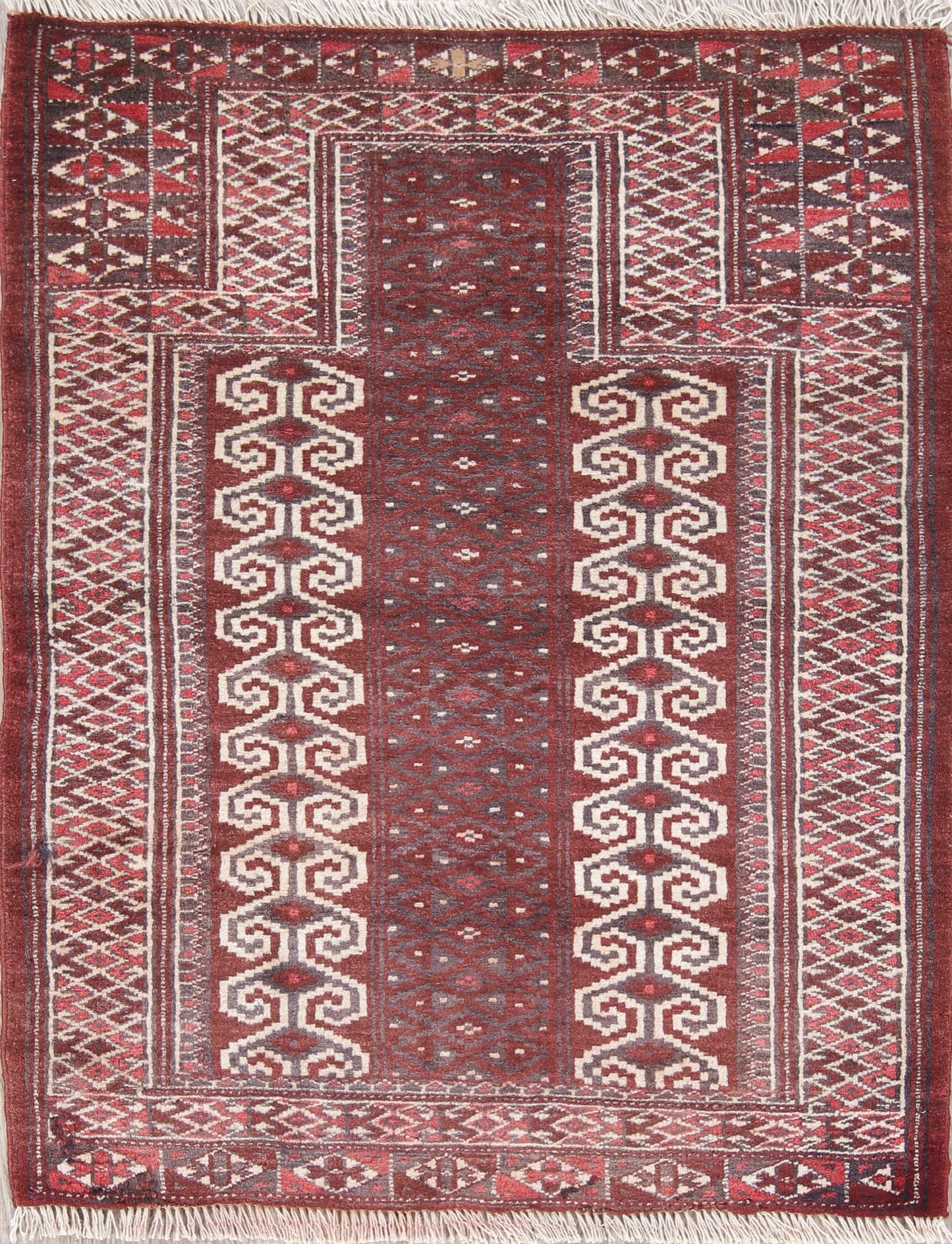 Red Geometric Balouch Persian Hand-Knotted 3x4 Wool Rug