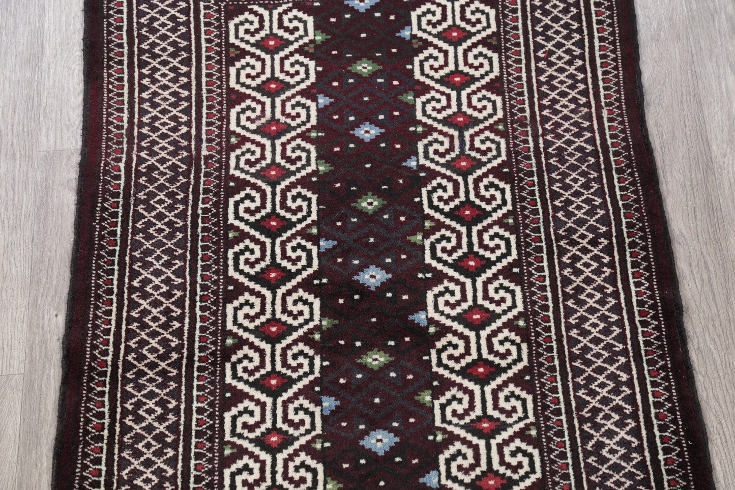 Multi-Colored Geometric Balouch Persian Hand-Knotted 3x4 Wool Rug