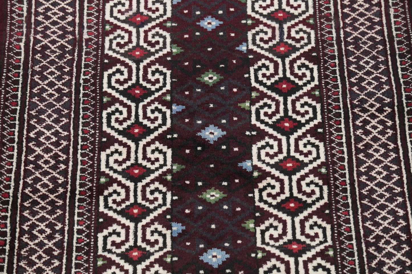 Multi-Colored Geometric Balouch Persian Hand-Knotted 3x4 Wool Rug