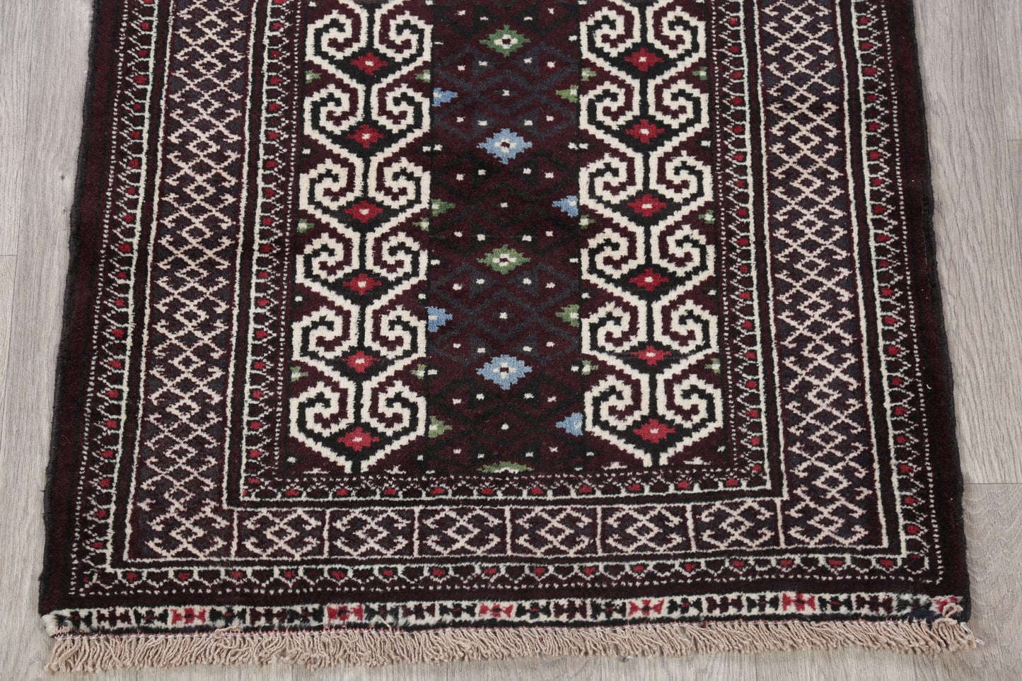 Multi-Colored Geometric Balouch Persian Hand-Knotted 3x4 Wool Rug