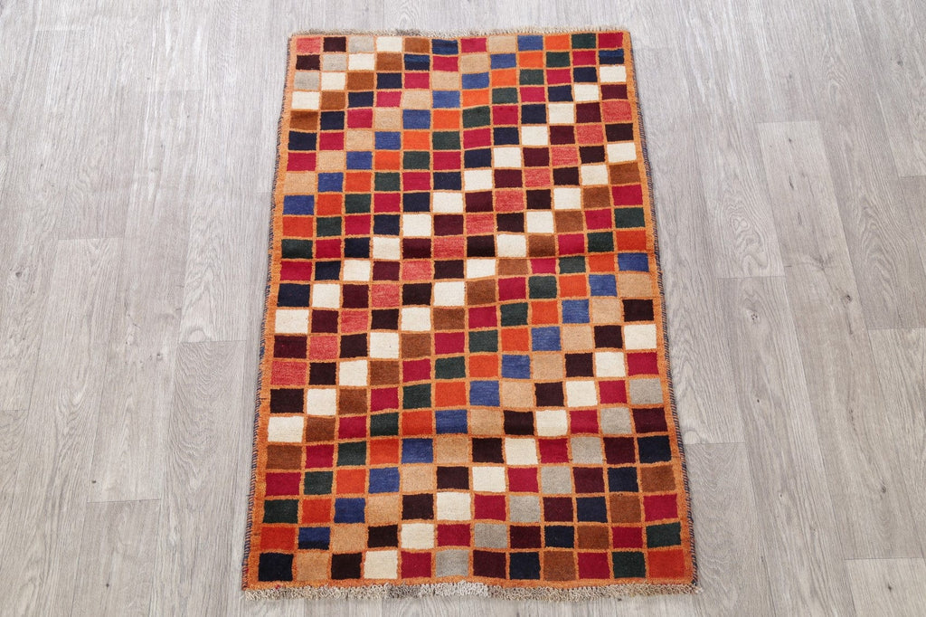 Checked Multi-Colored Gabbeh Persian Hand-Knotted 3x4 Wool Rug