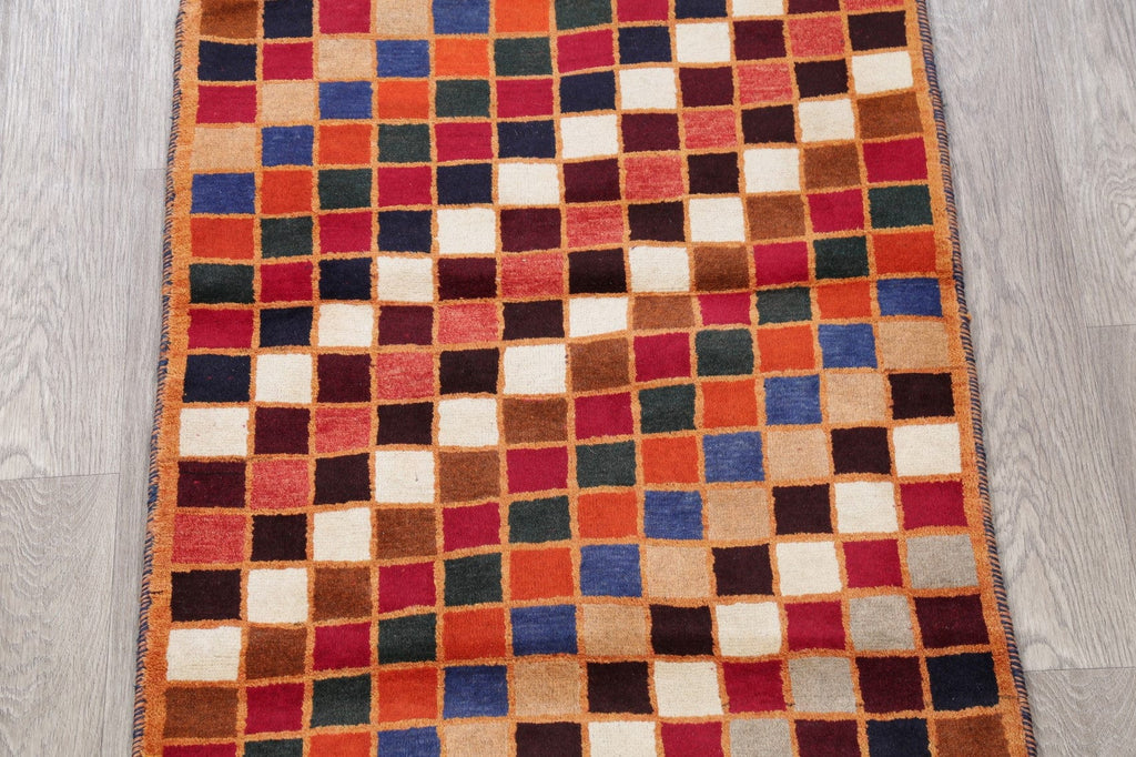 Checked Multi-Colored Gabbeh Persian Hand-Knotted 3x4 Wool Rug