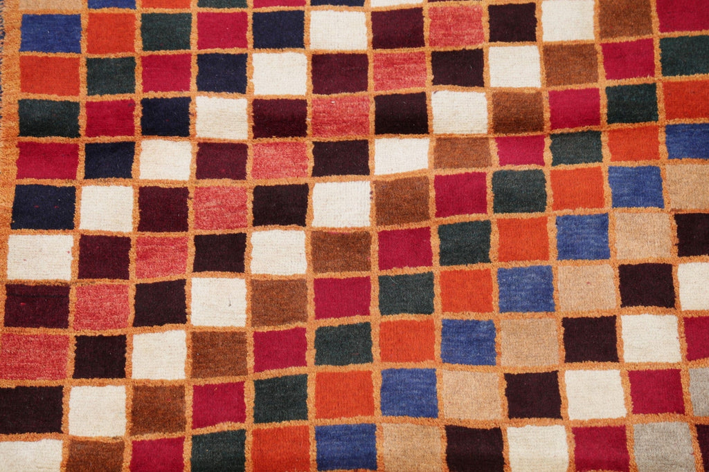 Checked Multi-Colored Gabbeh Persian Hand-Knotted 3x4 Wool Rug