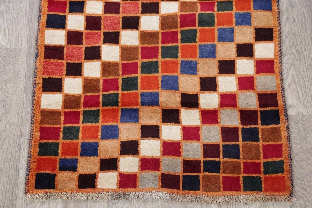 Checked Multi-Colored Gabbeh Persian Hand-Knotted 3x4 Wool Rug