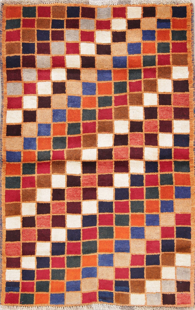 Checked Multi-Colored Gabbeh Persian Hand-Knotted 3x4 Wool Rug