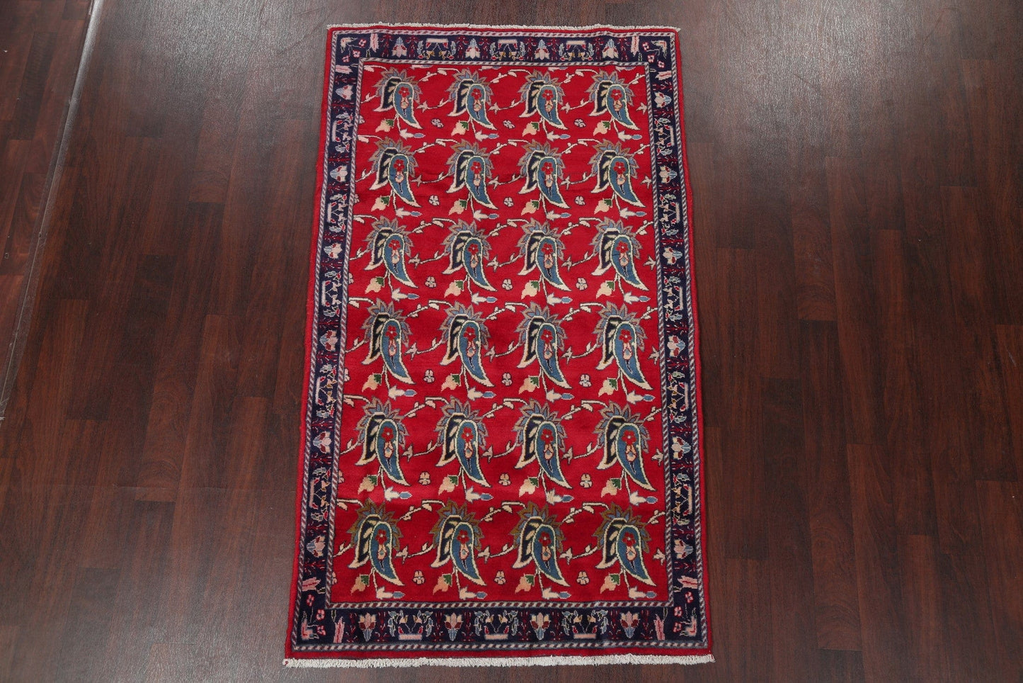 Paisley Red Sarouk Persian Hand-Knotted 4x7 Wool Area Rug