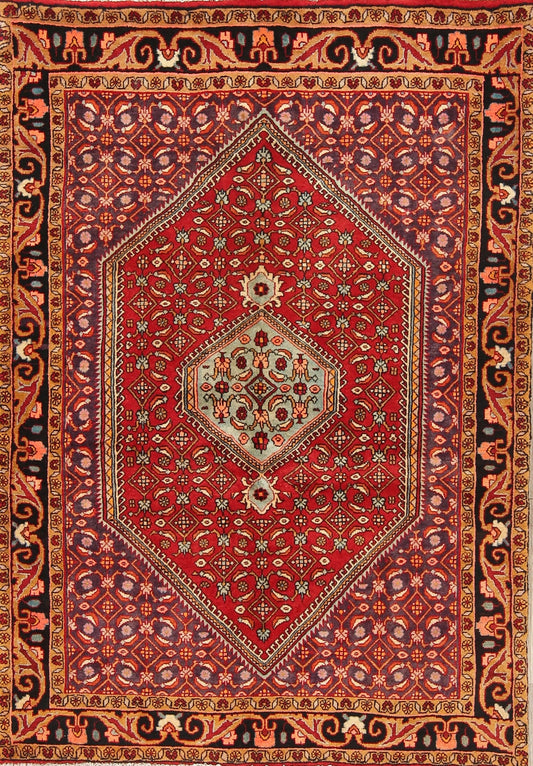 Geometric Red Bidjar Persian Hand-Knotted 4x5 Wool Area Rug