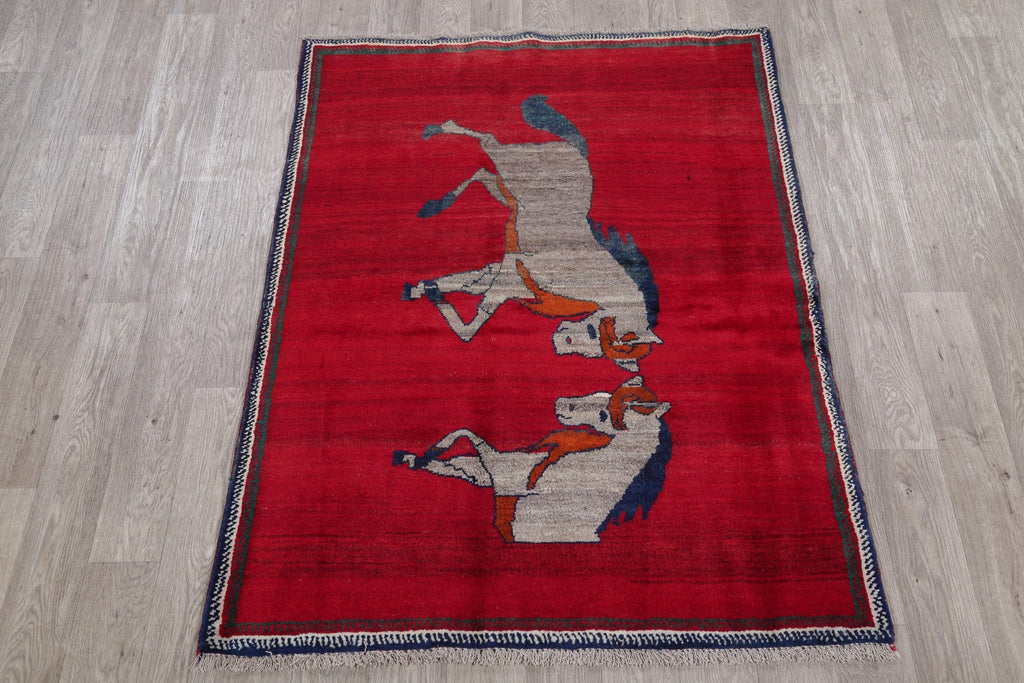 Vintage Animal Pictorial Gabbeh Persian Wool Rug 4x6