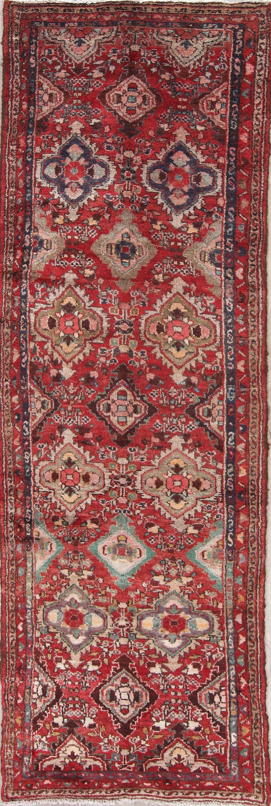 Geometric Red Hamedan Persian Hand-Knotted 3x10 Wool Runner Rug