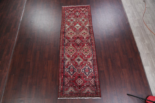 Geometric Red Hamedan Persian Hand-Knotted 3x10 Wool Runner Rug