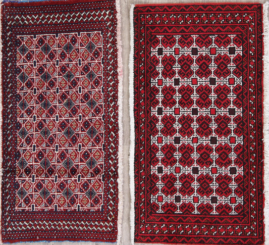 Set Of Two Geometric Balouch Persian Hand-Knotted 2x3 Wool Rugs