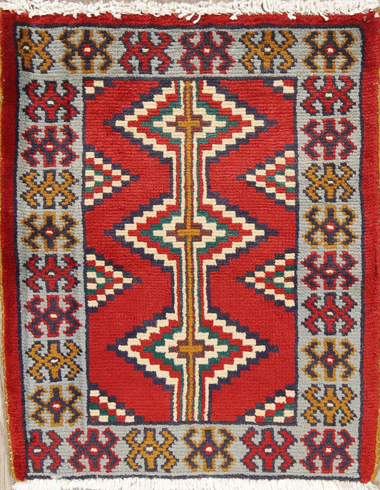 Geometric Red Hamedan Persian Hand-Knotted 2x2 Wool Square Rug