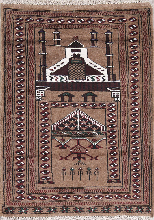 Geometric Pray Brown Balouch Persian Hand-Knotted 3x4 Wool Rug