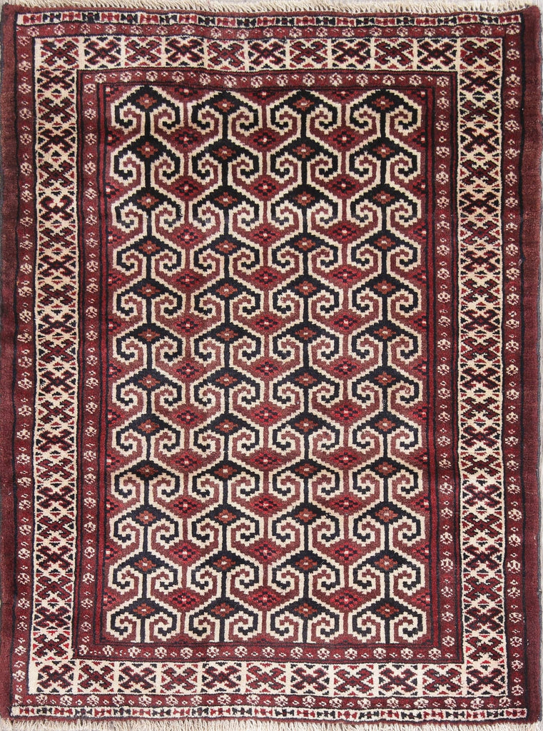 Geometric Balouch Persian Hand-Knotted 3x4 Wool Rug