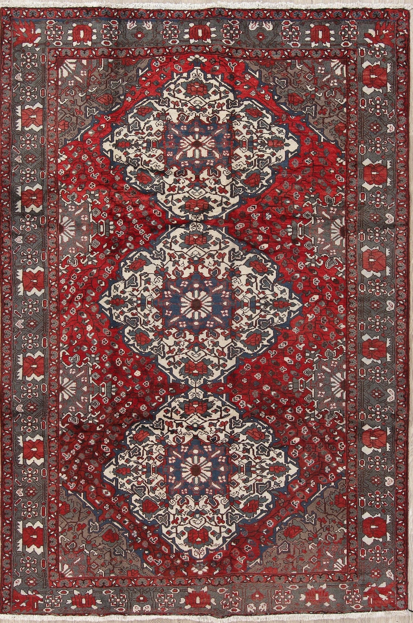 Geometric Red Bakhtiari Saman Persian Hand-Knotted 7x10 Wool Area Rug