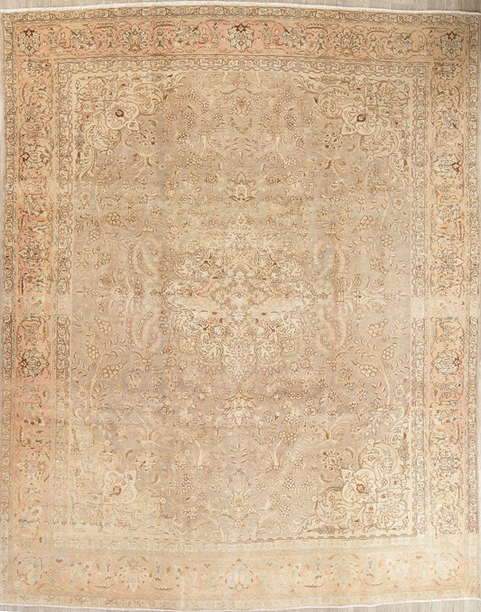 Muted Tabriz Persian Hand-Knotted 10x13 Wool Distressed Rug