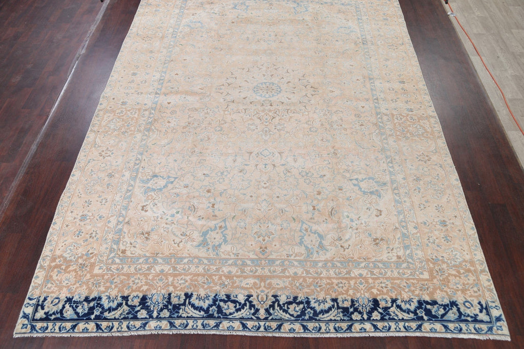 Muted Kashan Persian Hand-Knotted 9x13 Wool Distressed Area Rug