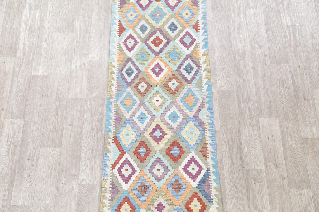 Flat-Weave Kilim Turkish Runner Rug Wool 3x9