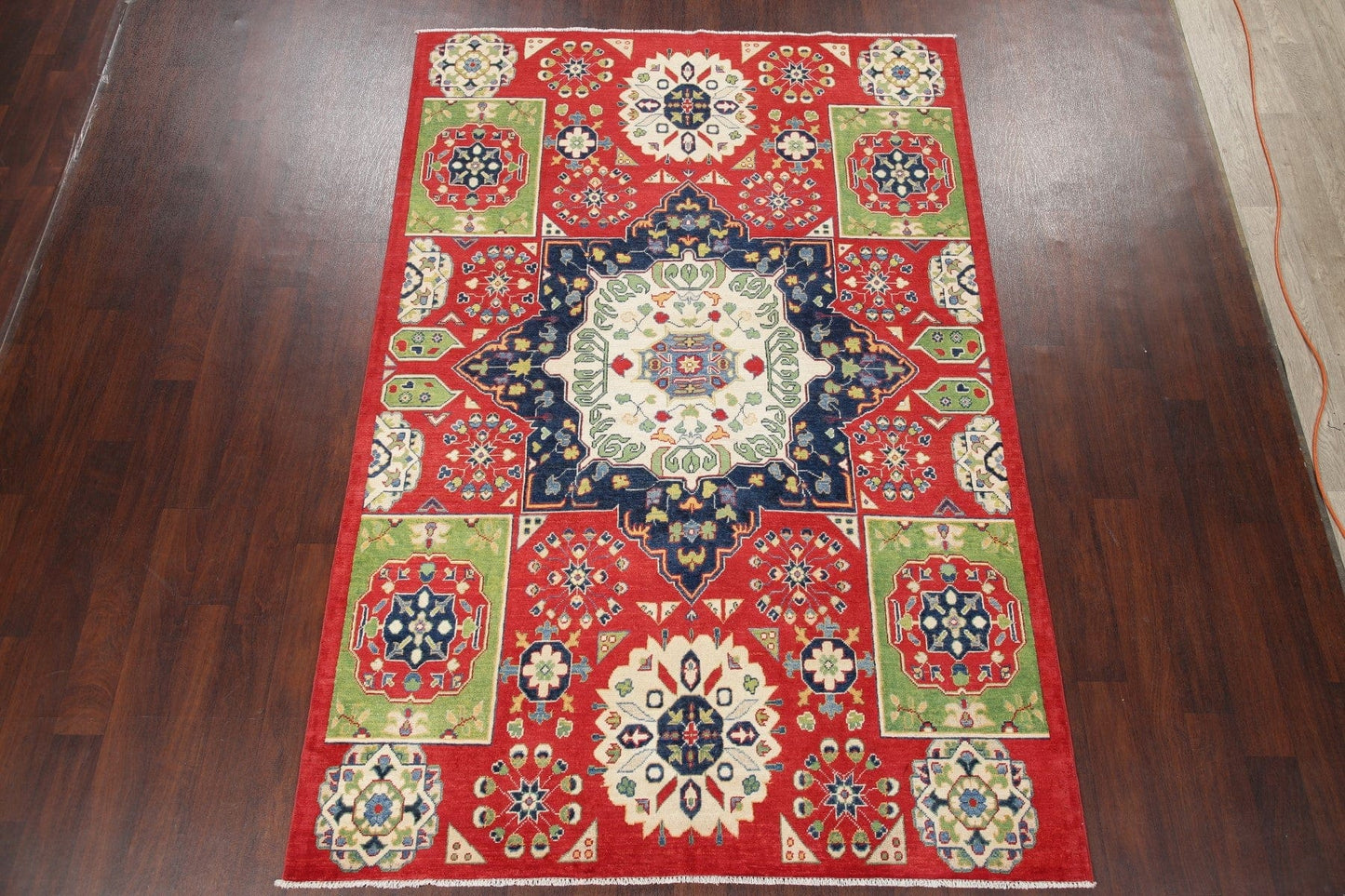 Geometric Red Kazak Pakistan Wool Rug 6x9