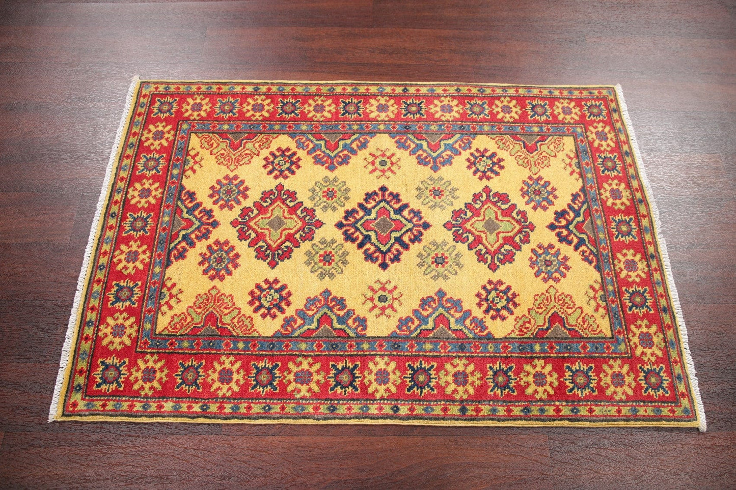 Gold Geometric Kazak-Chechen Oriental Rug 3x4