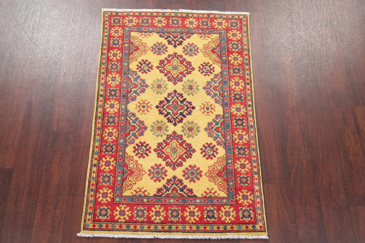 Gold Geometric Kazak-Chechen Oriental Rug 3x4