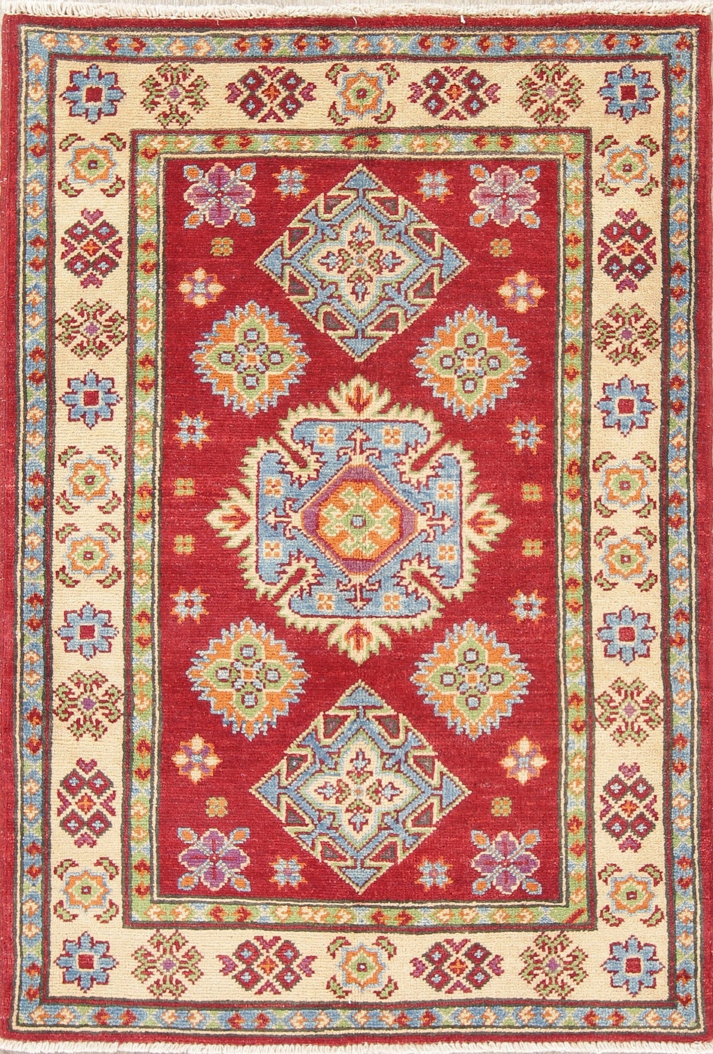 Geometric Red Kazak Pakistan Wool Rug 3x4