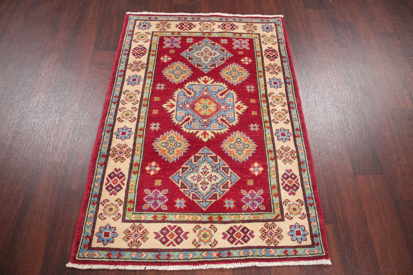 Geometric Red Kazak Pakistan Wool Rug 3x4