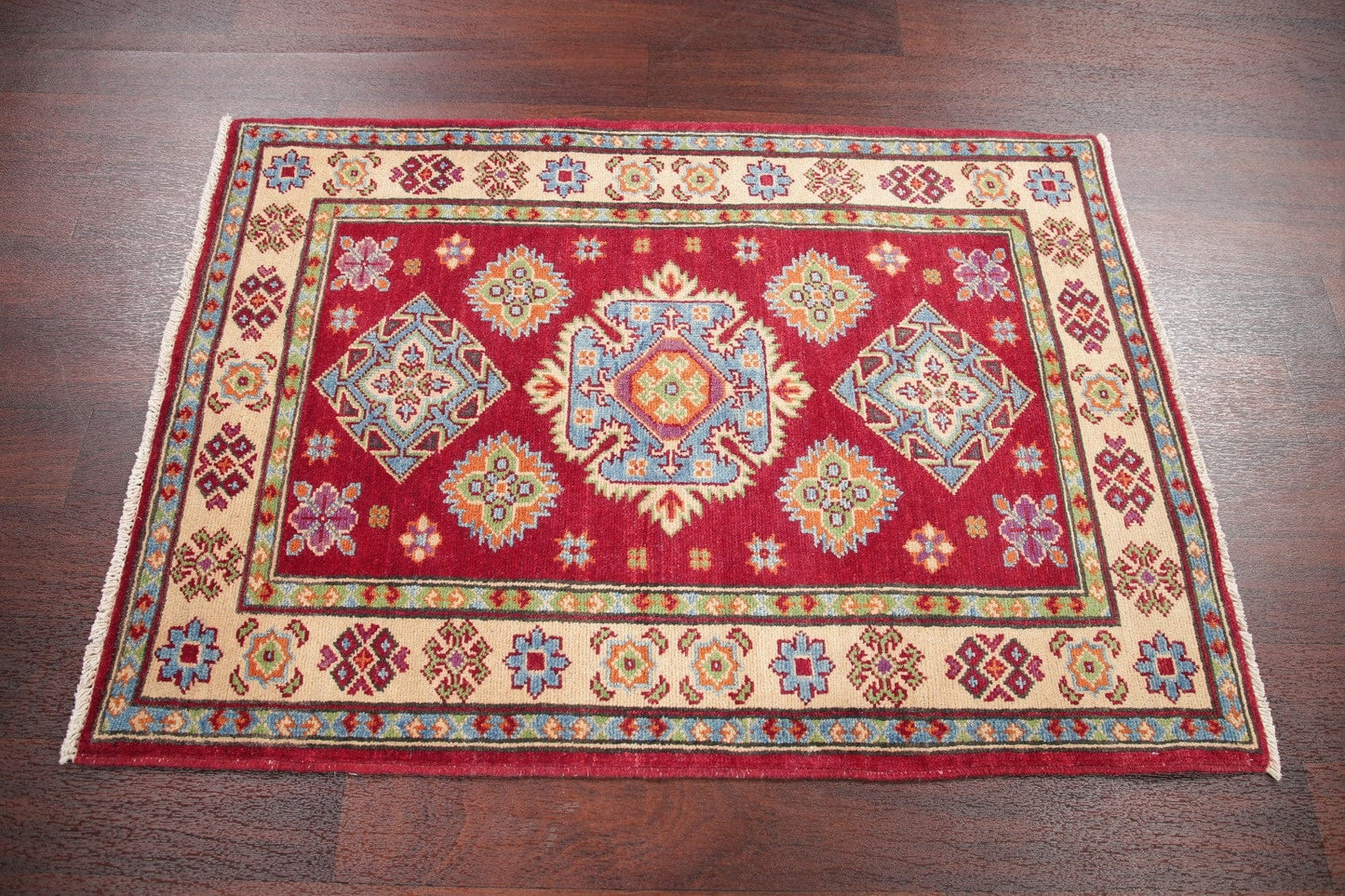 Geometric Red Kazak Pakistan Wool Rug 3x4