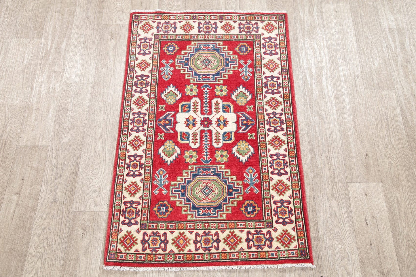 Red Geometric Kazak Pakistan Wool Rug 3x4