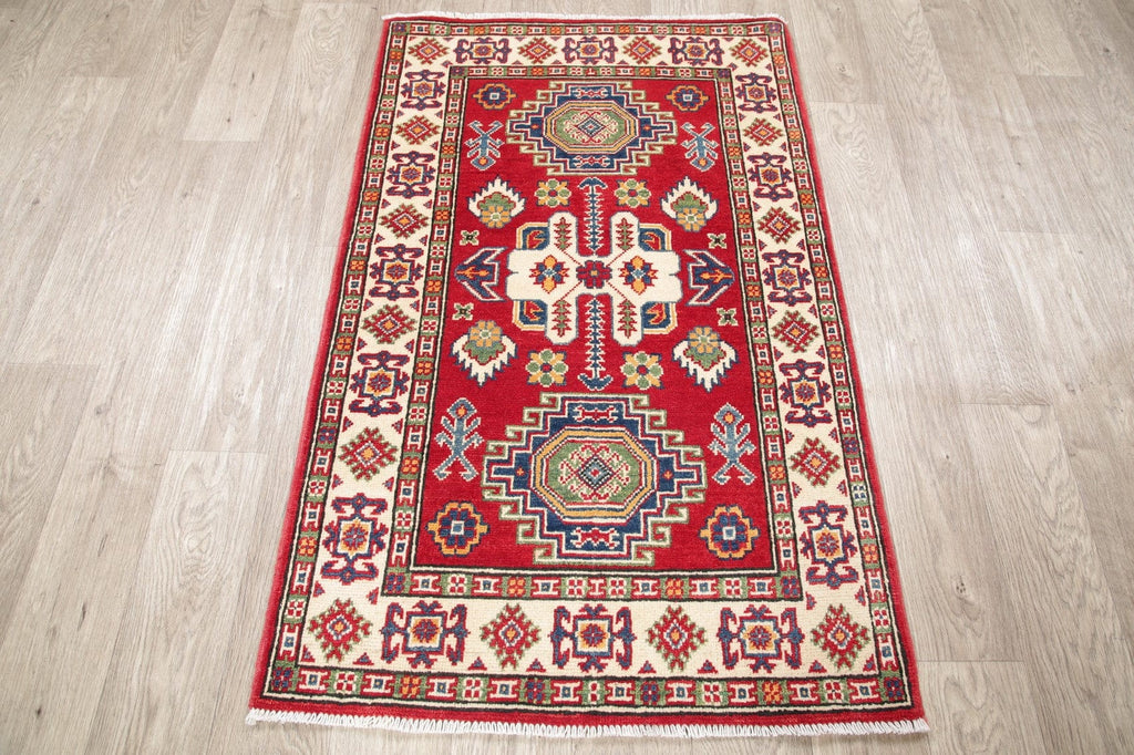 Red Geometric Kazak Pakistan Wool Rug 3x4