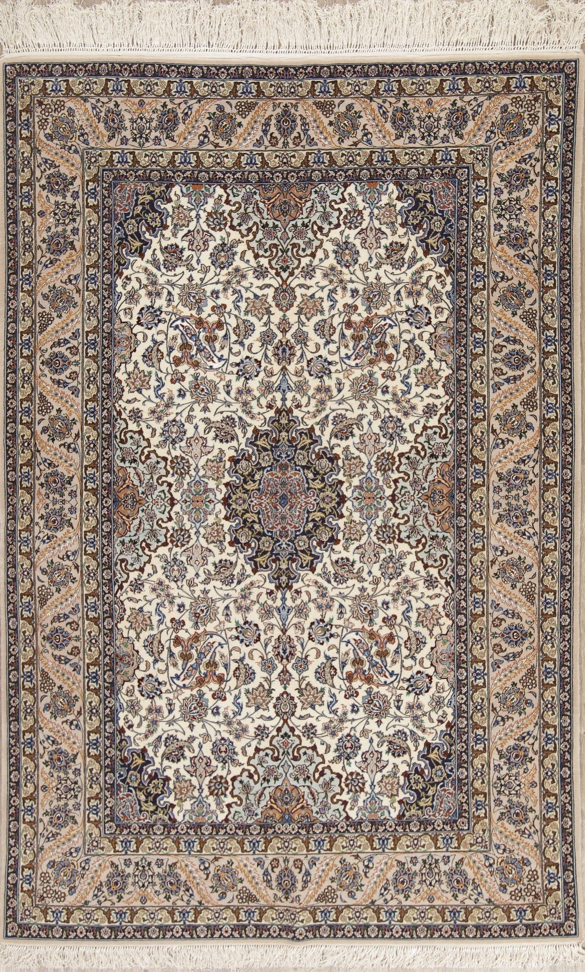 Ivory Floral Isfahan Persian Wool Silk Rug 5x8