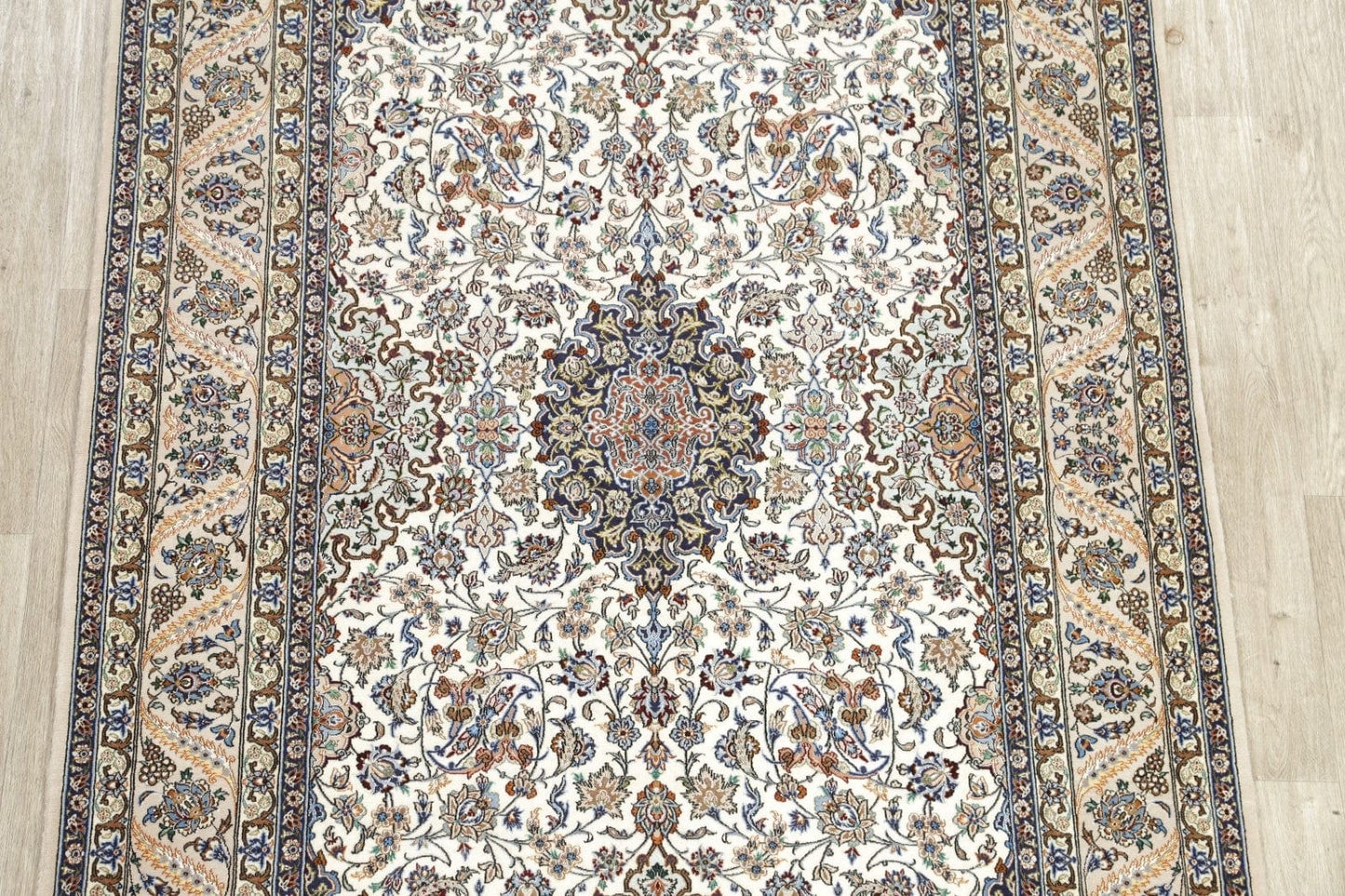 Ivory Floral Isfahan Persian Wool Silk Rug 5x8