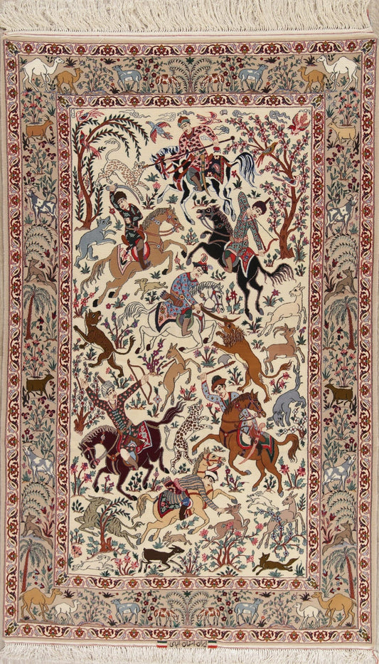 Hunting Design Isfahan Persian Wool Silk Rug 5x8