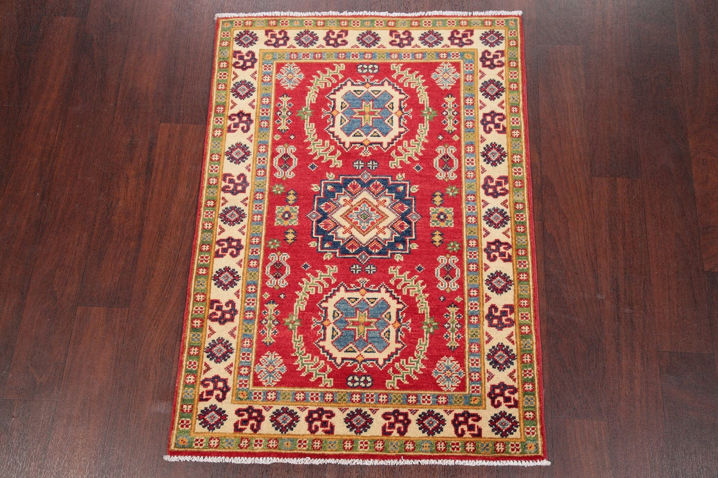 Geometric Red Kazak Pakistan Wool Rug 3x4