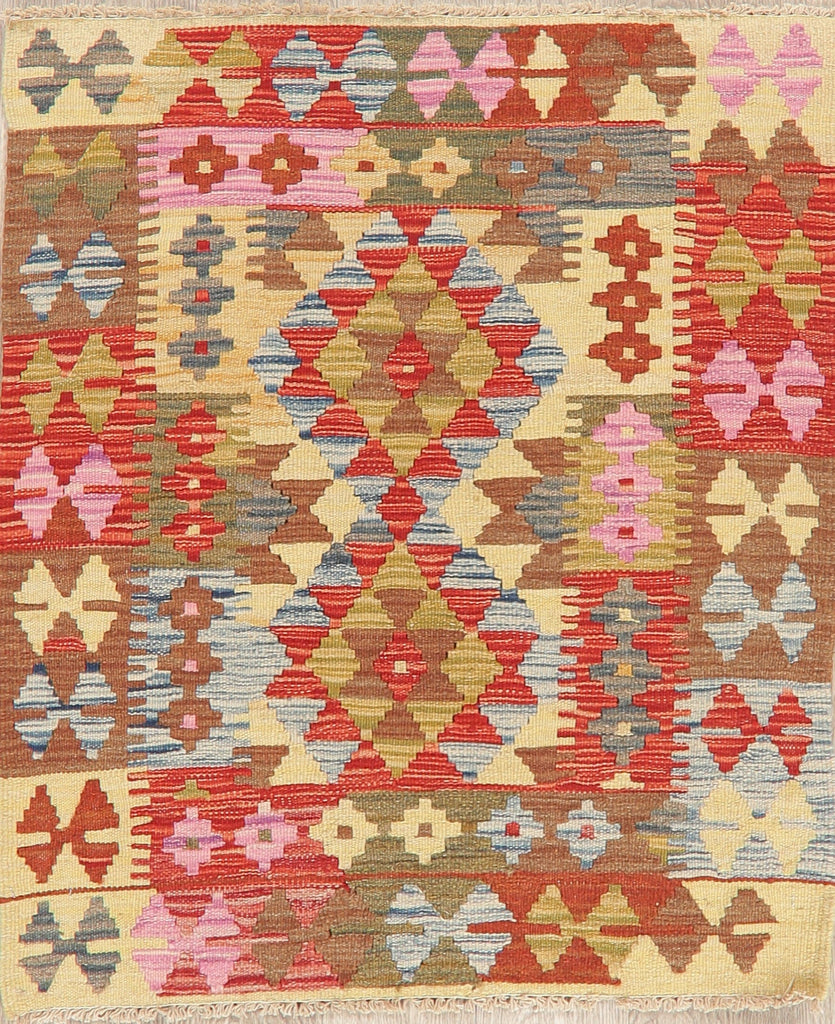 Color-full Geometric Turkish Kilim Rug Wool 3x3 Square