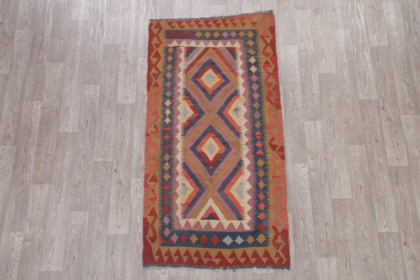 Color-full Geometric Turkish Kilim Runner Rug Wool 3x6