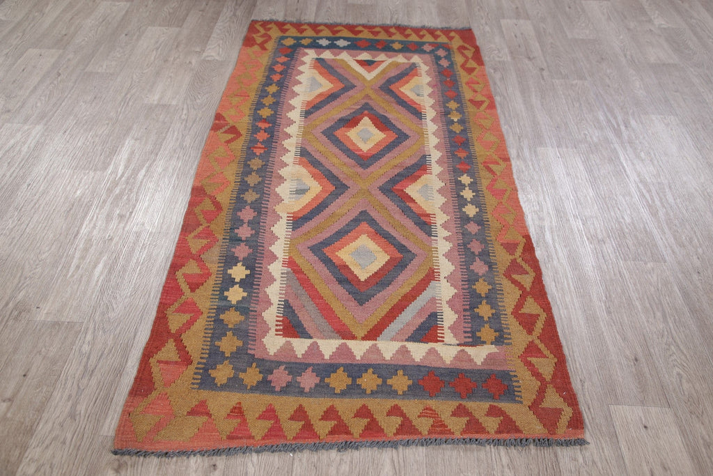 Color-full Geometric Turkish Kilim Runner Rug Wool 3x6